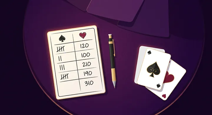 A spades score pad recording bids, tricks, bags and running totals in 10 for 200