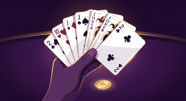 A player announcing a spades bid while holding a fanned hand of thirteen cards in Joker Joker Deuce Deuce