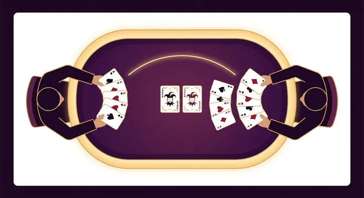Two partners seated across a spades table, working together on a shared bid in Joker Joker Deuce Deuce