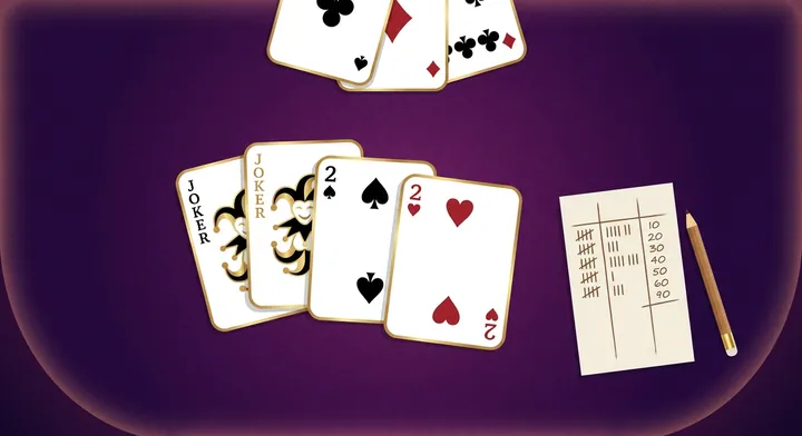 A spades score pad recording bids, tricks, bags and running totals in Joker Joker Deuce Deuce