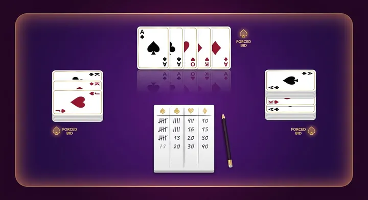 A spades score pad recording bids, tricks, bags and running totals in Mirror Spades