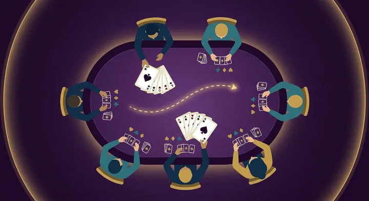 Two partners seated across a spades table, working together on a shared bid in 6-Player Spades
