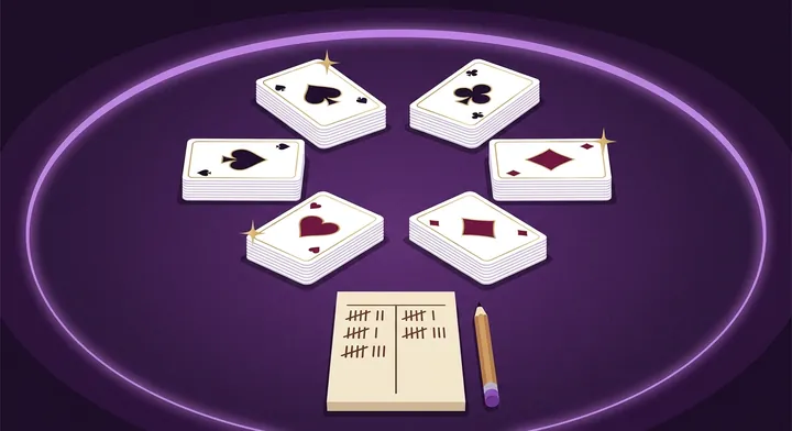 A spades score pad recording bids, tricks, bags and running totals in 6-Player Spades