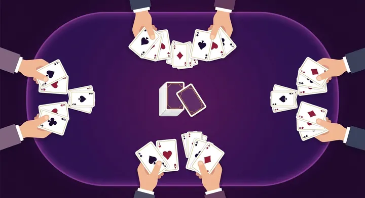 Six players in three partnerships around a large spades table using two decks in 6-Player Spades