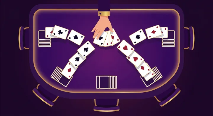 A full deck of cards being dealt out to the four seats around a spades table in Partnership Spades