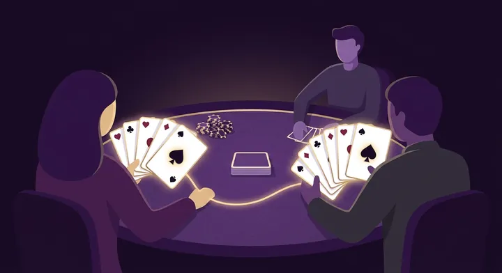 Two partners seated across a spades table, working together on a shared bid in Whiz Spades